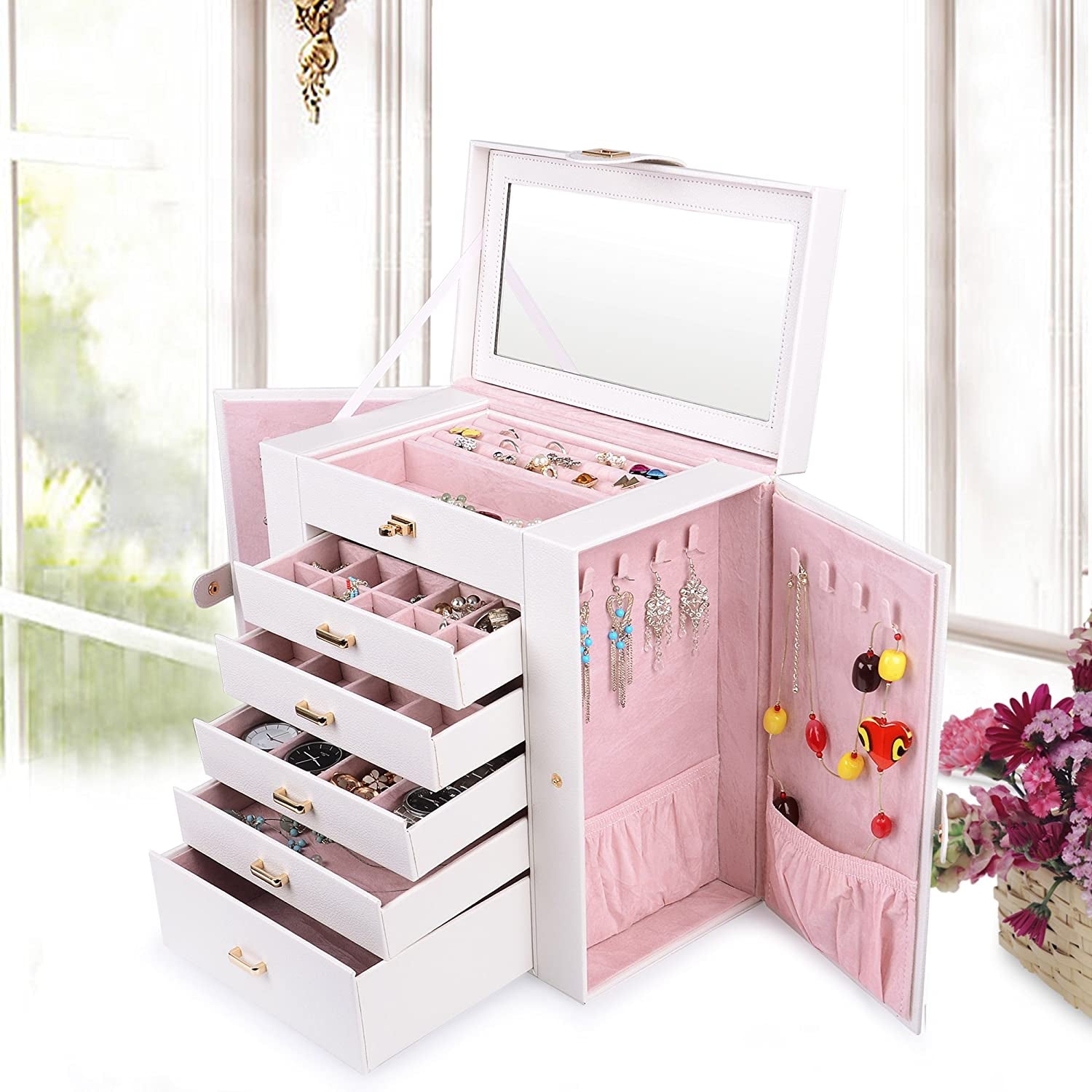 Huge Jewelry Box Jewelry Case PU Leather 6 Tier 5 Drawers Large Storage Capacity with Mirror Jewelry Storage Organizer Great Gift Also Good for Watches Ljc-Shd5Cm(White)