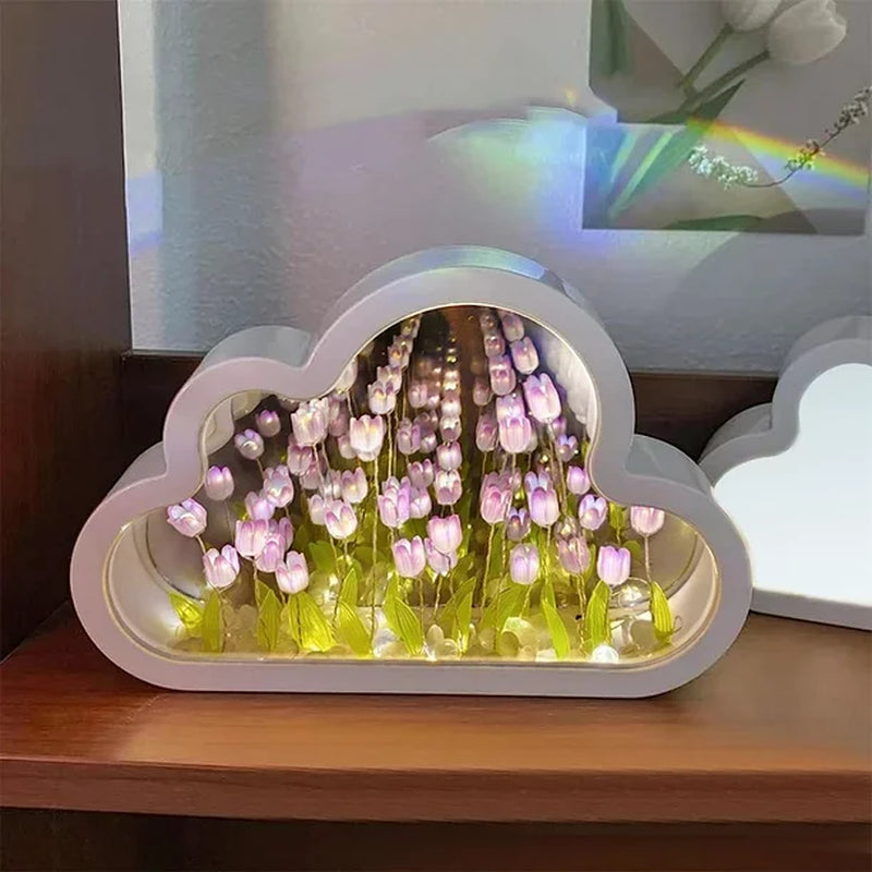 Cloud Mirror Tulip Lamp, Simulation Flower Bedroom Sleeping Table Lamp, Hand Craft DIY Tulips Mirror Night Light, Night Light for Bedroom,Creative Living Room Bedside Desktop Ornaments Girls (Purple)