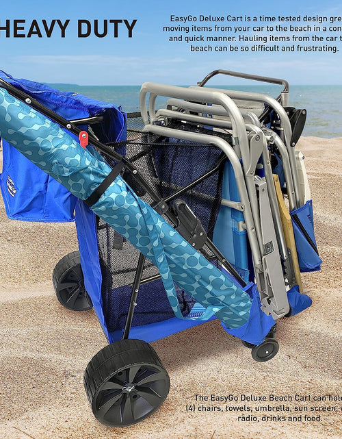 Load image into Gallery viewer, Easygo Product Beach Cart Deluxe–Heavy Duty Folding Design–Large Wheels for Sand–Holds 4 Beach Chairs–Storage Pouch-Beach Umbrella Holder–Removable Beach Bag-Solid Blue
