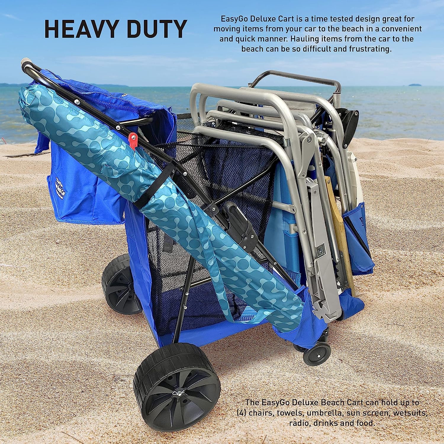 Easygo Product Beach Cart Deluxe–Heavy Duty Folding Design–Large Wheels for Sand–Holds 4 Beach Chairs–Storage Pouch-Beach Umbrella Holder–Removable Beach Bag-Solid Blue