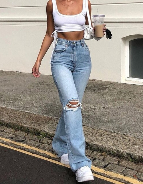 Load image into Gallery viewer, Women Vintage Ripped Flare Bell Bottom Jeans High Waisted Wide Leg Raw Hem Denim Pants Casual Slim Fitting Trousers with Pocket
