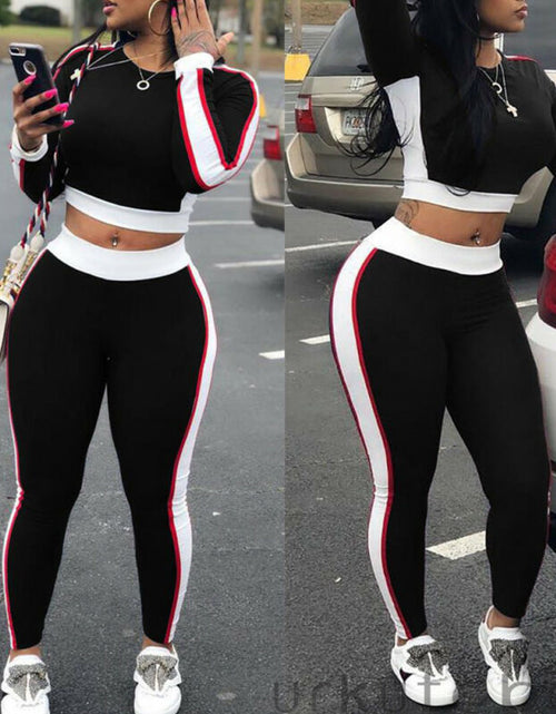 Load image into Gallery viewer, Women 2 Piece Set Tracksuit Fitness Yoga Sport Casual Streetwear Long Sleeve Crop Top+High Waist Patchwork Pants Leggings
