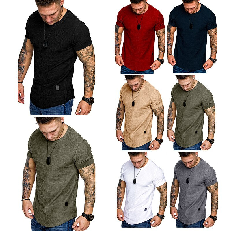 Men'S Casual Fashion Solid O Neck T-Shirt Summer Bodybuilding Sports Running T-Shirt Fitness Short-Sleeve Crossfit Exercise Top