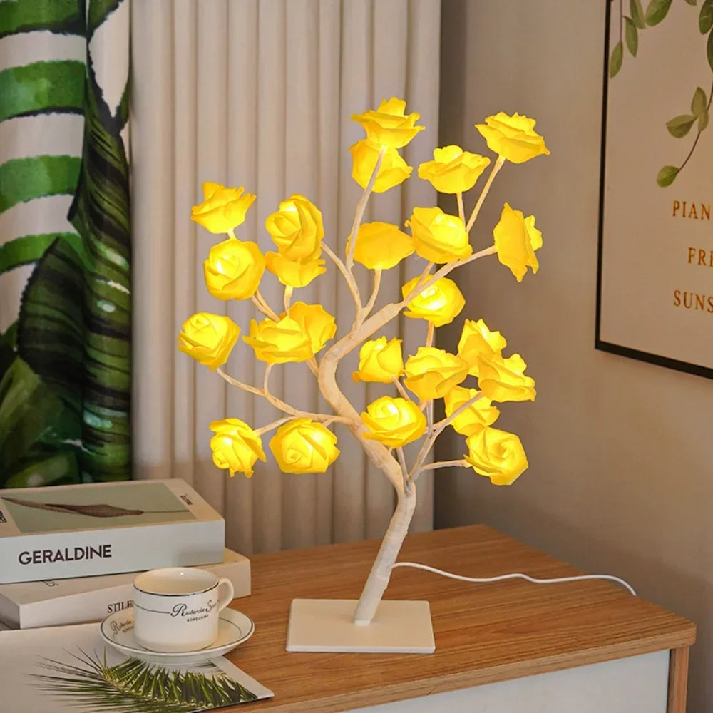 24 LED Rose Flower Tree Lights USB Table Lamp Fairy Night Light Party Christmas Wedding Bedroom Home Tabletop Decor Girls Gift