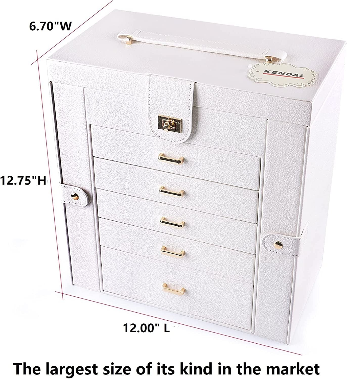 Huge Jewelry Box Jewelry Case PU Leather 6 Tier 5 Drawers Large Storage Capacity with Mirror Jewelry Storage Organizer Great Gift Also Good for Watches Ljc-Shd5Cm(White)