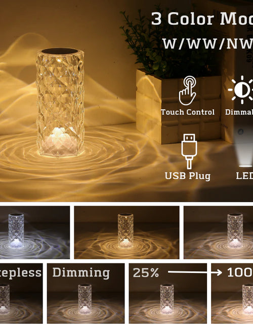 Load image into Gallery viewer, Crystal Table Lamp for Bedroom 16 Colors Touch/Remote Dimmable Night Light USB LED Bedside Diamond Rose Lamp
