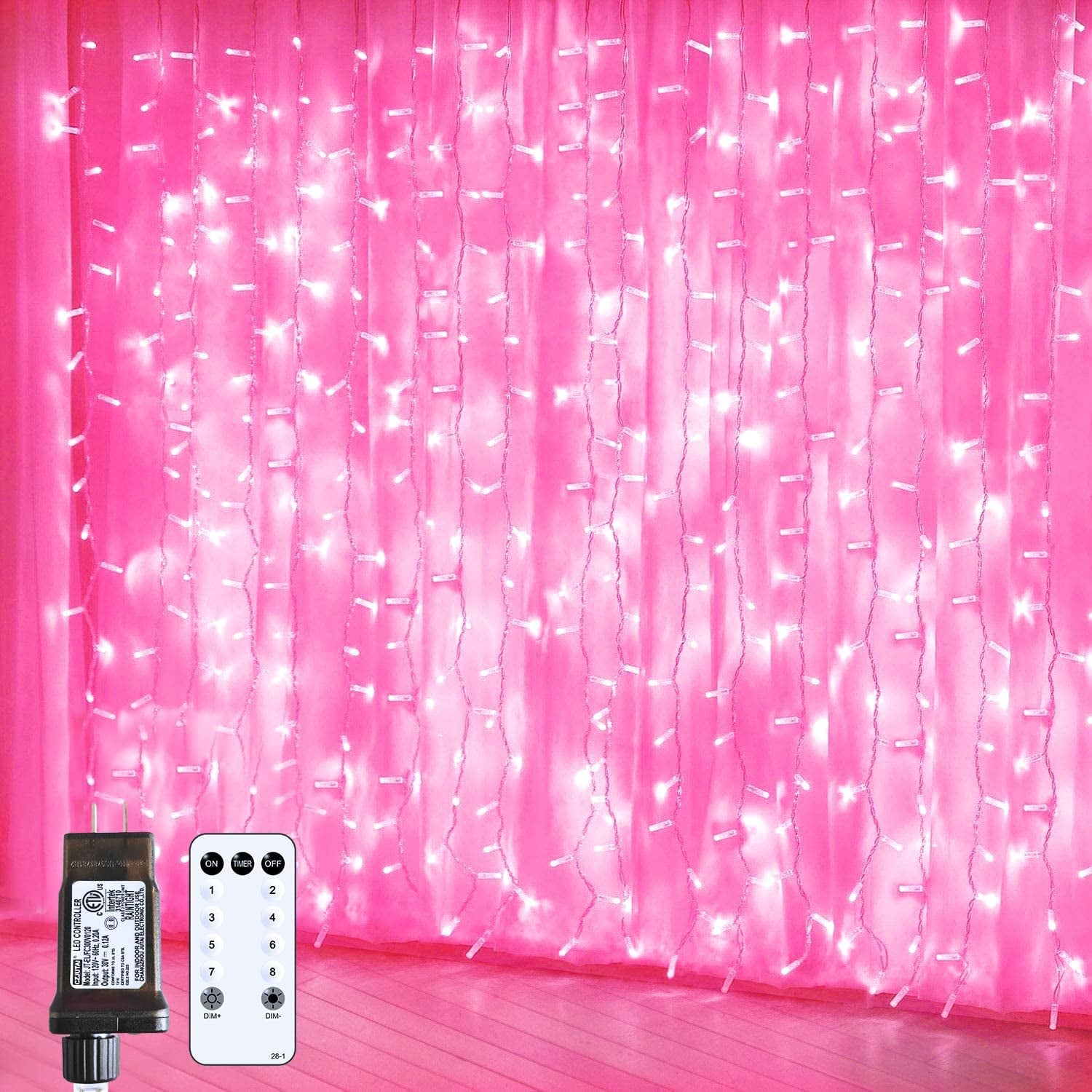 Pink Curtain Lights, Remote Control 300 LED Pink Curtain Lights 8 Modes Pink Valentine String Lights, Window Curtain Lights for Bedroom Wedding Party Backdrop Indoor Outdoor Room Decor(Pink)