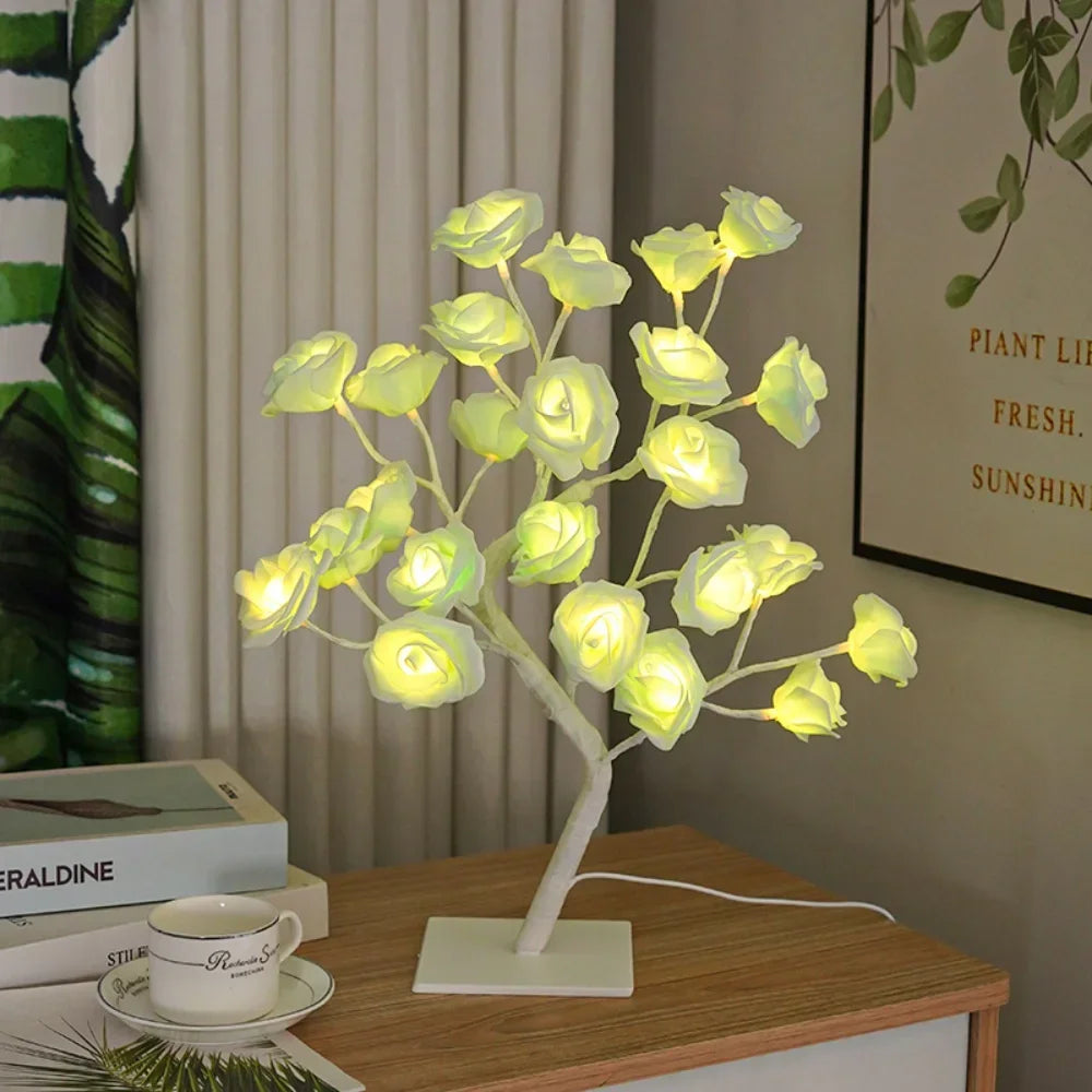 24 LED Rose Flower Tree Lights USB Table Lamp Fairy Night Light Party Christmas Wedding Bedroom Home Tabletop Decor Girls Gift