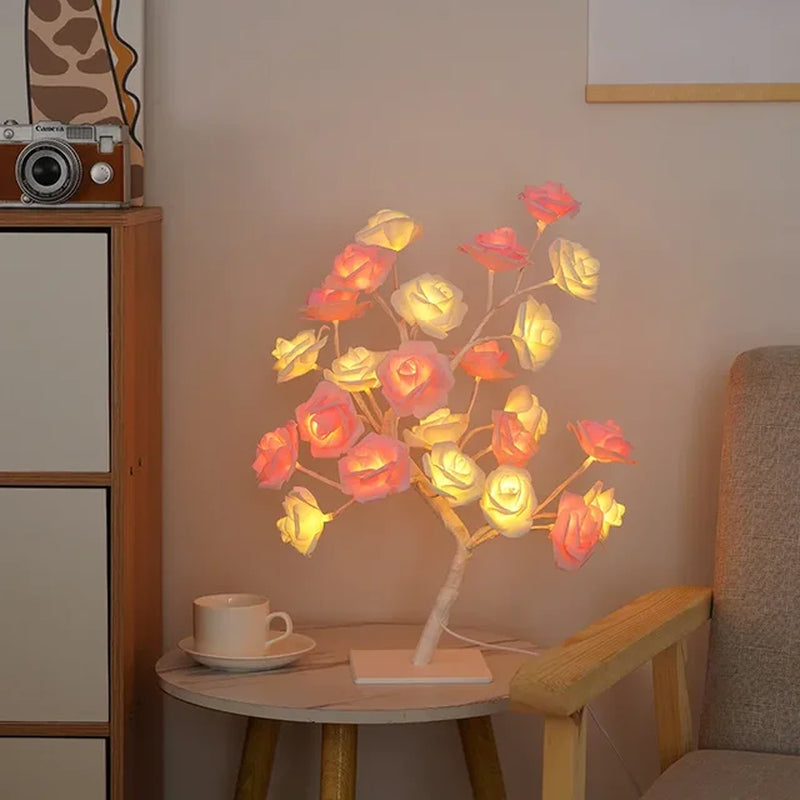 24 LED Rose Flower Tree Lights USB Table Lamp Fairy Night Light Party Christmas Wedding Bedroom Home Tabletop Decor Girls Gift