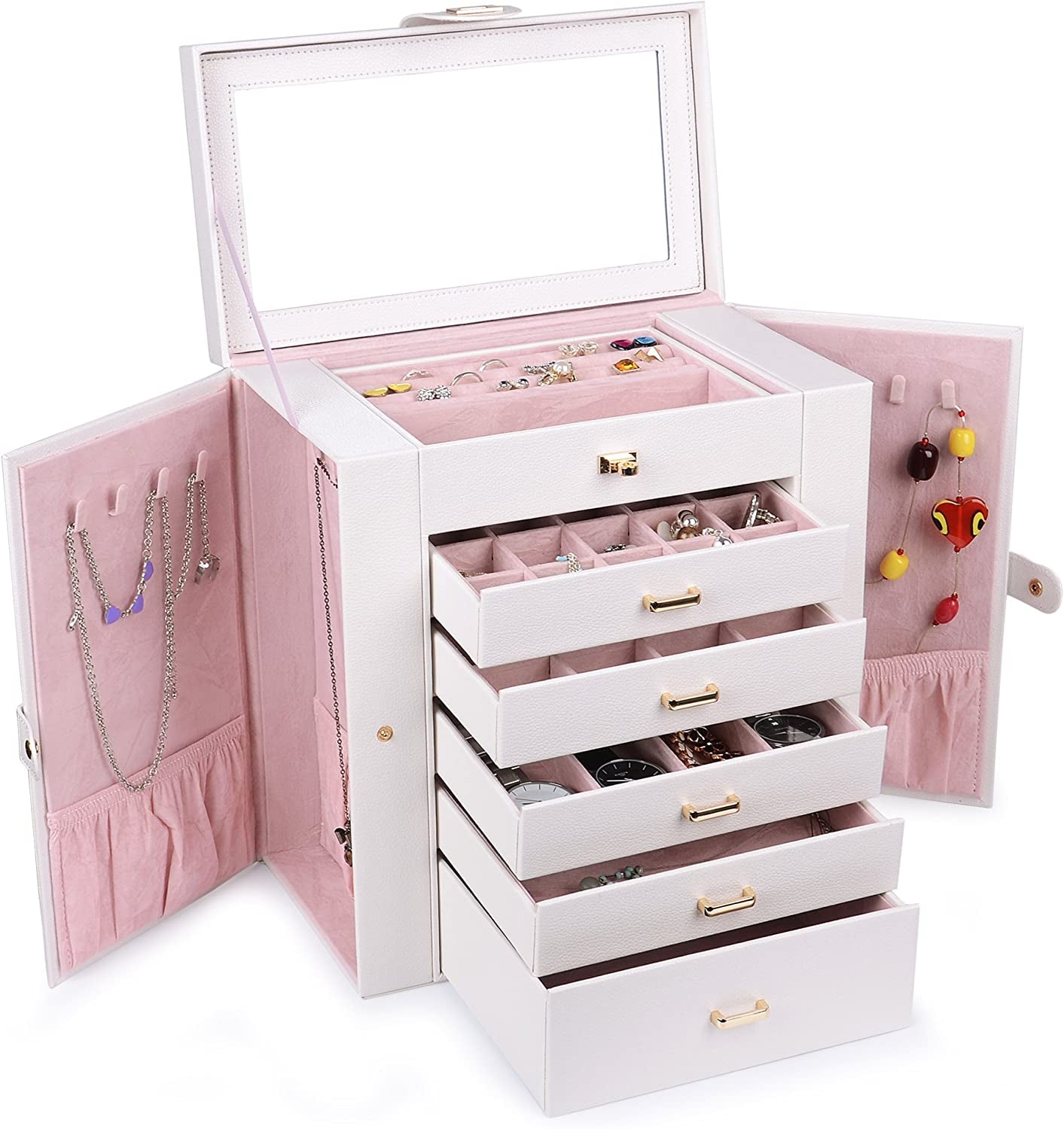 Huge Jewelry Box Jewelry Case PU Leather 6 Tier 5 Drawers Large Storage Capacity with Mirror Jewelry Storage Organizer Great Gift Also Good for Watches Ljc-Shd5Cm(White)