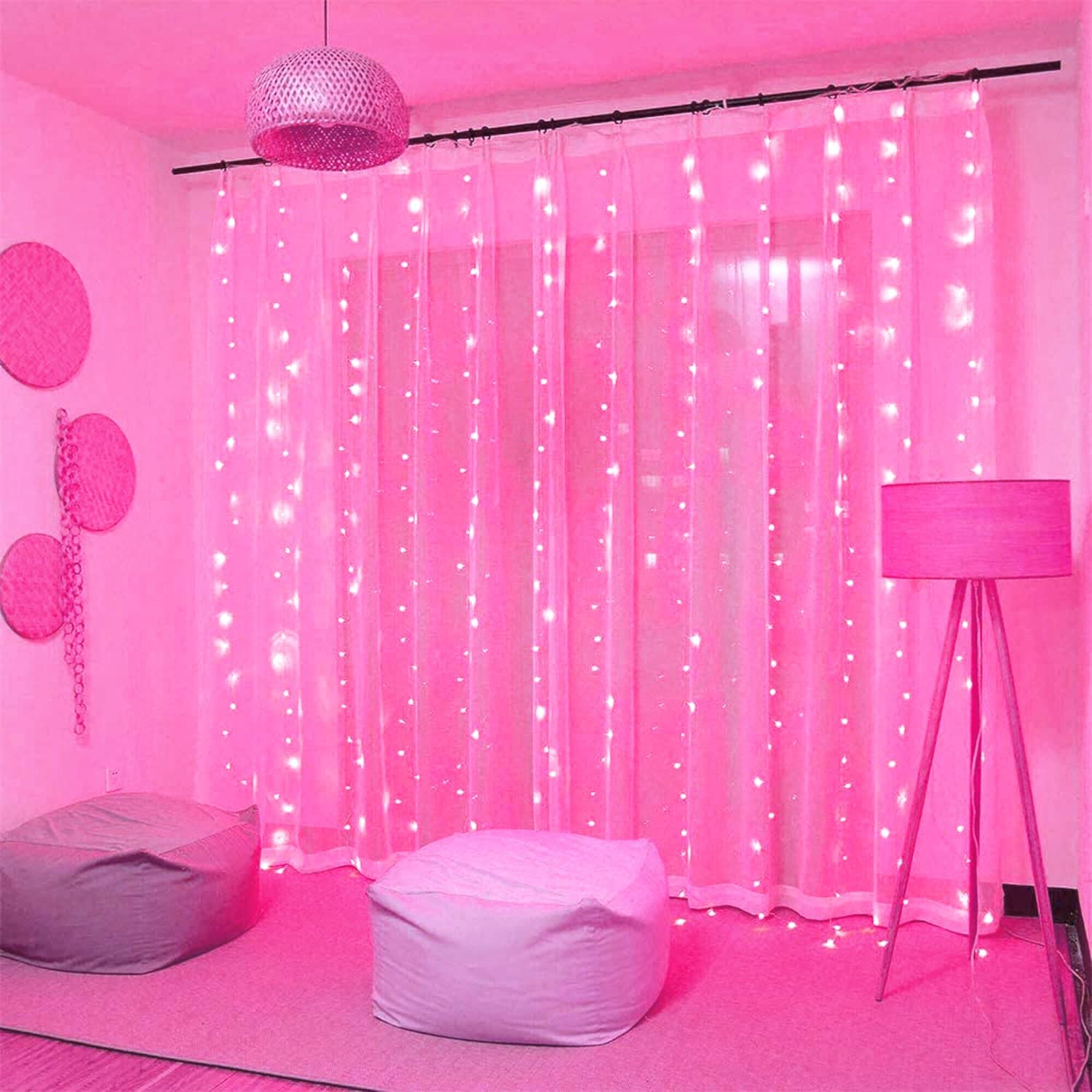 Pink Curtain Lights, Remote Control 300 LED Pink Curtain Lights 8 Modes Pink Valentine String Lights, Window Curtain Lights for Bedroom Wedding Party Backdrop Indoor Outdoor Room Decor(Pink)