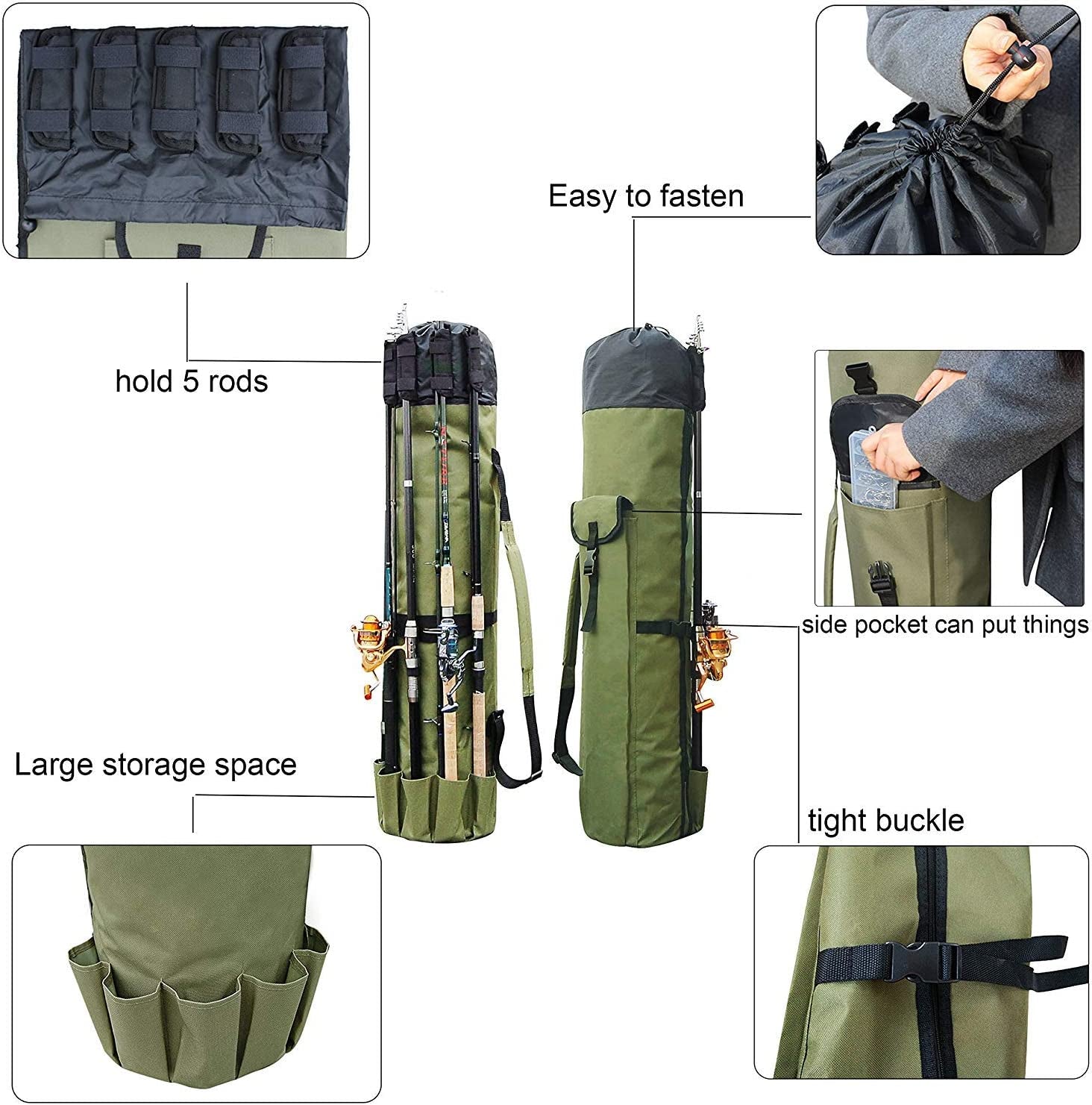 Fishing Pole Bag with Rod Holder Fishing Rod Bag Carrier Case 5 Poles Waterproof Travel Case Fishing Tackle Box Storage Bag Durable Fishing Gear Organizer Fishing Gift for Men