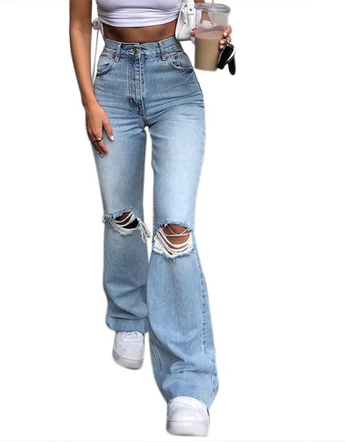 Load image into Gallery viewer, Women Vintage Ripped Flare Bell Bottom Jeans High Waisted Wide Leg Raw Hem Denim Pants Casual Slim Fitting Trousers with Pocket
