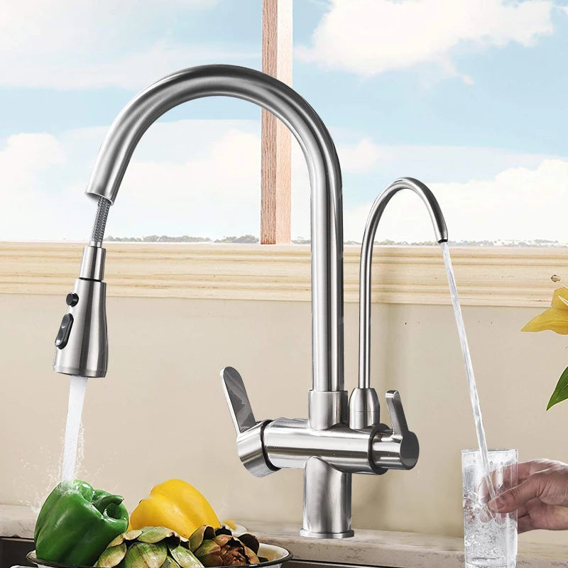 Water Filter Faucet Kitchen Faucets Dual Handle Filter Faucet Mixer 360 Degree Rotation Water Purification Feature Taps