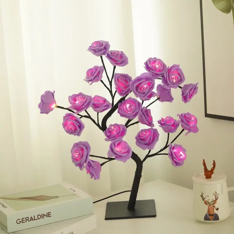 24 LED Rose Flower Tree Lights USB Table Lamp Fairy Night Light Party Christmas Wedding Bedroom Home Tabletop Decor Girls Gift