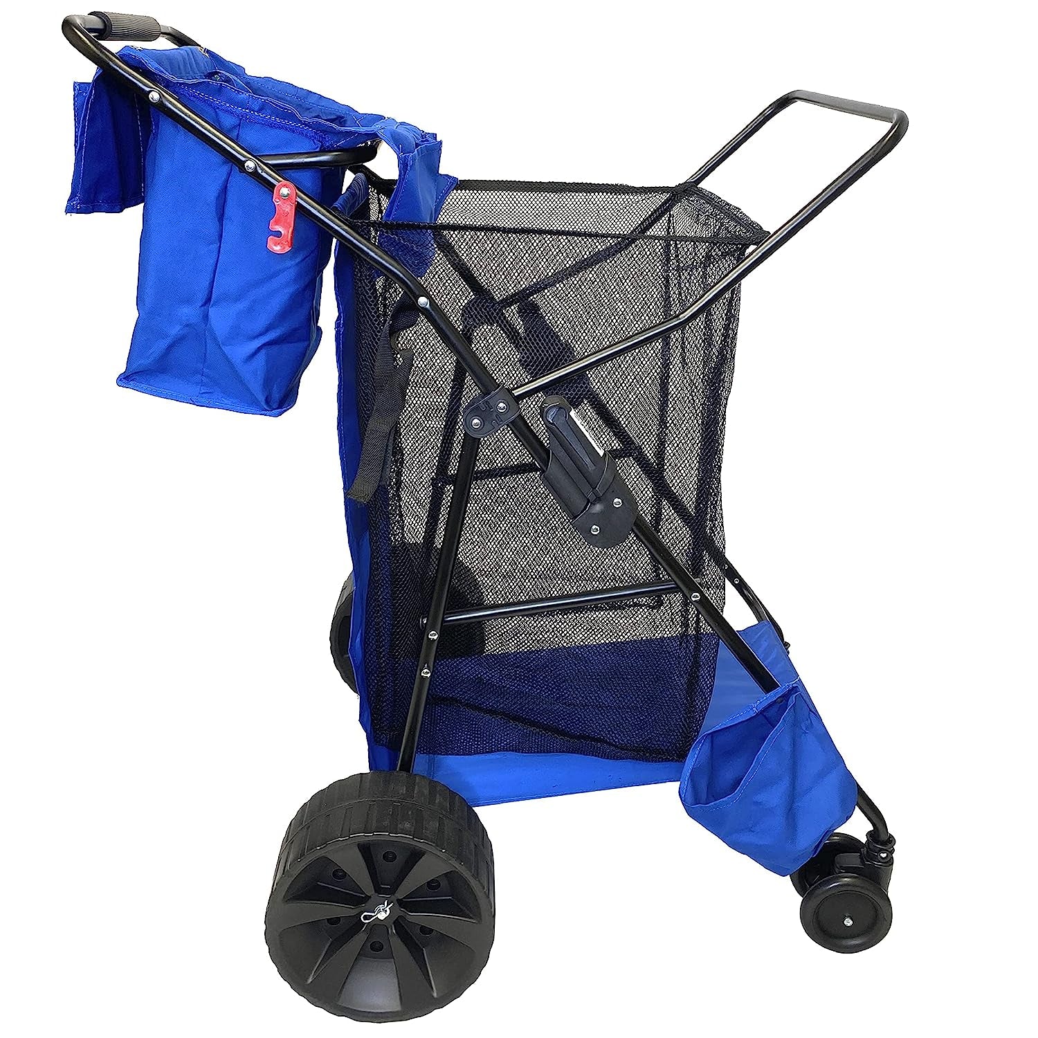 Easygo Product Beach Cart Deluxe–Heavy Duty Folding Design–Large Wheels for Sand–Holds 4 Beach Chairs–Storage Pouch-Beach Umbrella Holder–Removable Beach Bag-Solid Blue