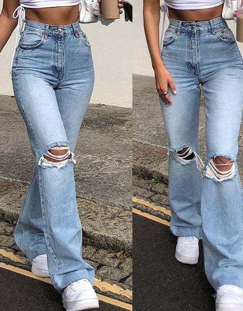 Load image into Gallery viewer, Women Vintage Ripped Flare Bell Bottom Jeans High Waisted Wide Leg Raw Hem Denim Pants Casual Slim Fitting Trousers with Pocket
