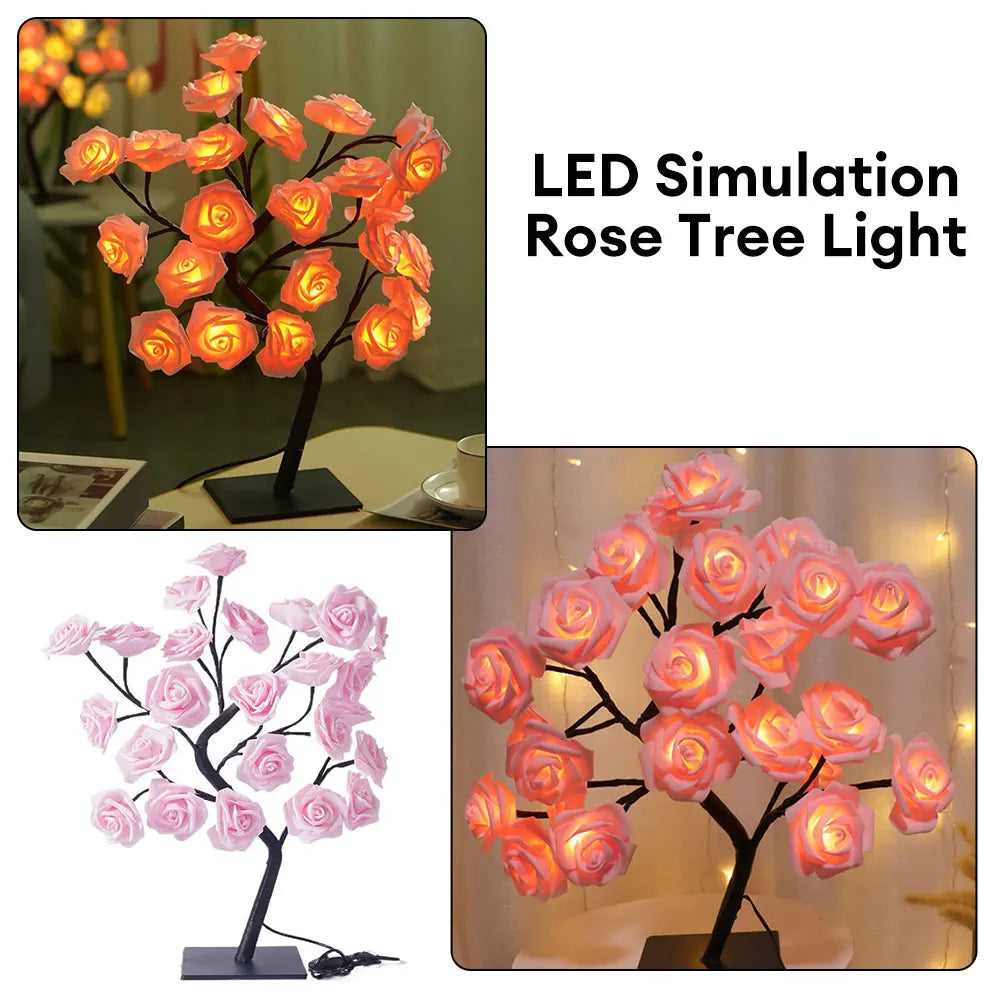 24 LED Rose Flower Tree Lights USB Table Lamp Home Decoration LED Table Lights Parties Xmas Christmas Wedding Bedroom Decor