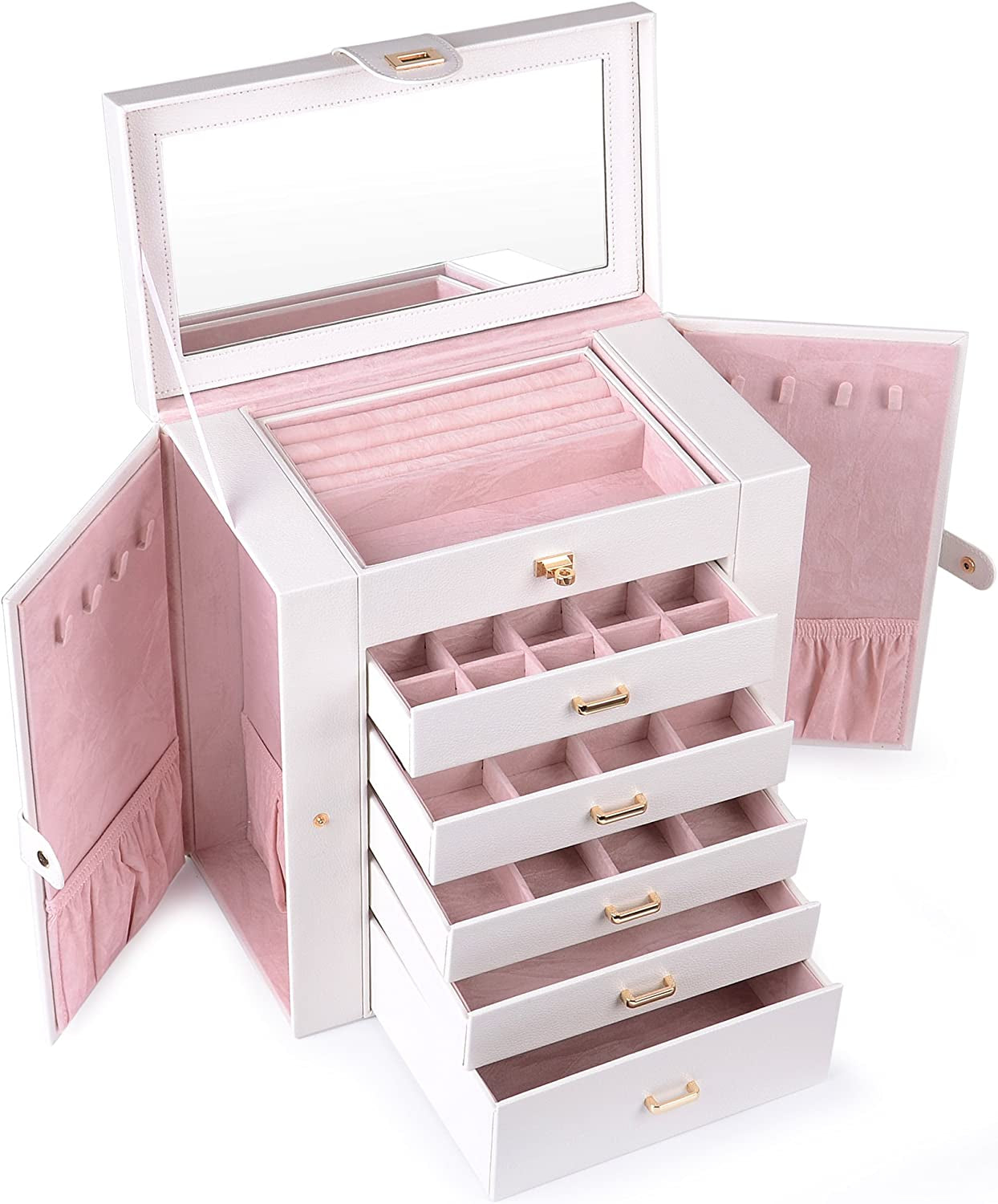 Huge Jewelry Box Jewelry Case PU Leather 6 Tier 5 Drawers Large Storage Capacity with Mirror Jewelry Storage Organizer Great Gift Also Good for Watches Ljc-Shd5Cm(White)